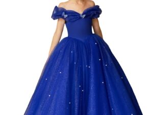 a girl in a blue dress